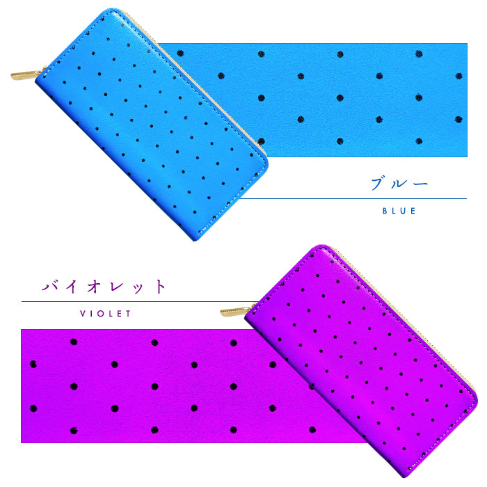 【財布の百貨店公式】 本革 大きいドット ネオン 長財布 本革 財布 ラウンド型ファスナー レディース カード収納 蛍光カラー 蛍光色 水玉 日本製【安心の返品保証付き】