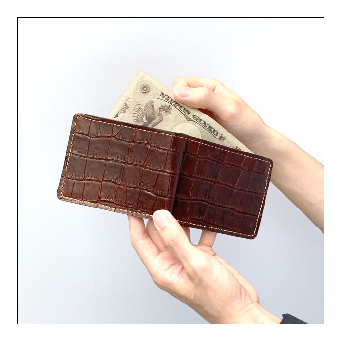 【財布の百貨店公式】 二つ折り財布 クロコダイル 型押し 財布 メンズ 本革 二つ折り サイフ さいふ ウォレット 牛革 革 レザー カード収納 小銭入れ コインケース付き 二つ折りサイフ 革財布 メンズ財布 ハンドメイド ワニ柄 わに柄 【安心の返品保証付き】