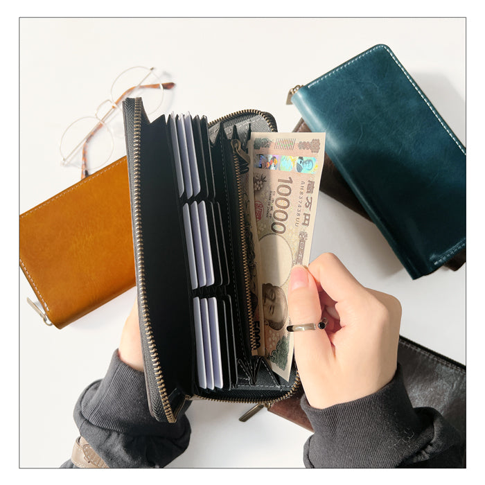 【財布の百貨店公式】 イタリア産 本革 ダグラスレザー 蛇腹 カードポケット付き 財布 長財布 ラウンド型ファスナー メンズ イタリアンレザー| 洗練された手触り、持つだけで格が上がる一品