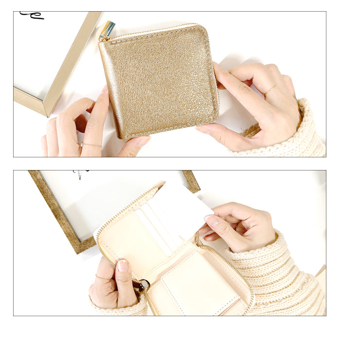 【財布の百貨店公式】本革 グリッター ラウンド型 二つ折り財布 レディース 財布 ラウンドファスナー 小銭入れ コンパクト ゴールド シルバー 【安心の返品保証付き】