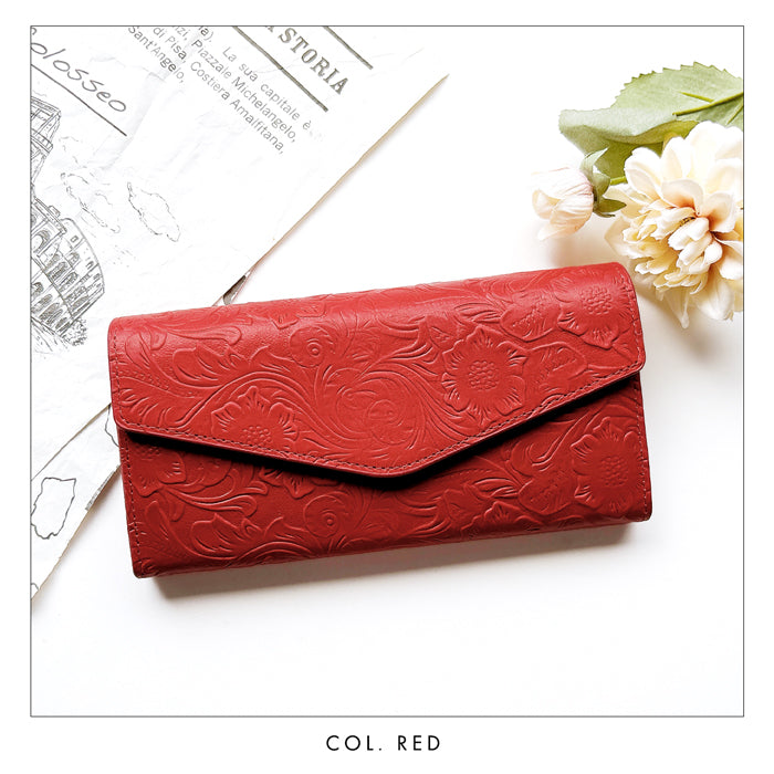 【財布の百貨店公式】 本革 フラップ付き長財布 花型押し レディース 小銭入れ 三つ折り長財布 カード収納 コインケース サイフ さいふ ウォレット 革 レザー 花柄 WL-D3-09【安心の返品保証付き】