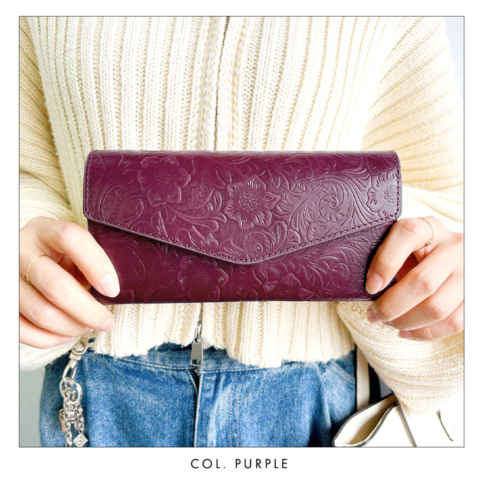 【財布の百貨店公式】 本革 フラップ付き長財布 花型押し レディース 小銭入れ 三つ折り長財布 カード収納 コインケース サイフ さいふ ウォレット 革 レザー 花柄 WL-D3-09【安心の返品保証付き】