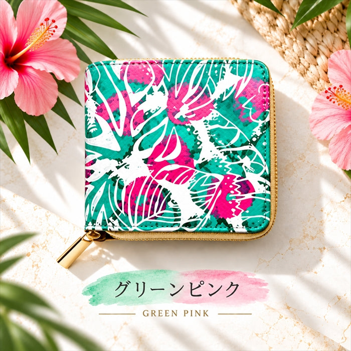 【財布の百貨店公式】本革 ハワイアン柄 ラウンド型 二つ折り財布 ラウンドファスナー 小銭入れ コンパクト コインケース付き 日本製 【安心の返品保証付き】