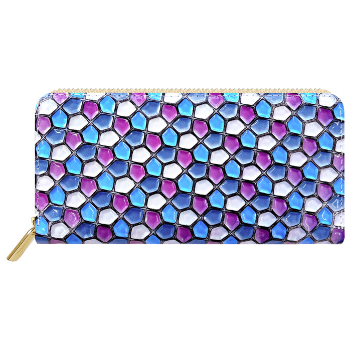 【財布の百貨店公式】 本革 ハニカムステンドグラス 長財布 レディース 財布 ラウンド型ファスナー 大容量 カード収納 ステンドグラス風 エナメル【安心の返品保証付き】