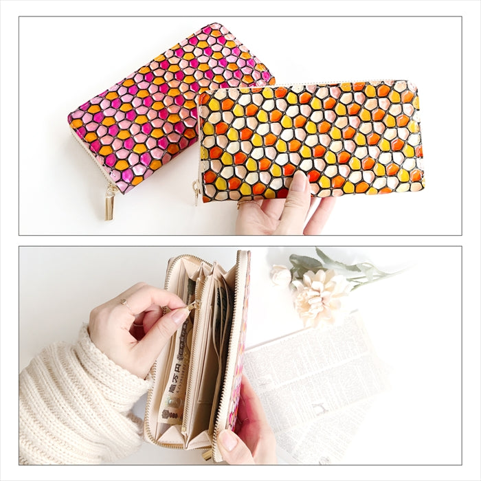 【財布の百貨店公式】 本革 ハニカムステンドグラス 長財布 レディース 財布 ラウンド型ファスナー 大容量 カード収納 ステンドグラス風 エナメル【安心の返品保証付き】