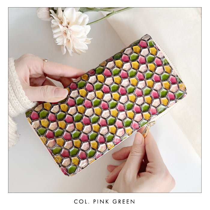 【財布の百貨店公式】 本革 ハニカムステンドグラス 長財布 レディース 財布 ラウンド型ファスナー 大容量 カード収納 ステンドグラス風 エナメル【安心の返品保証付き】