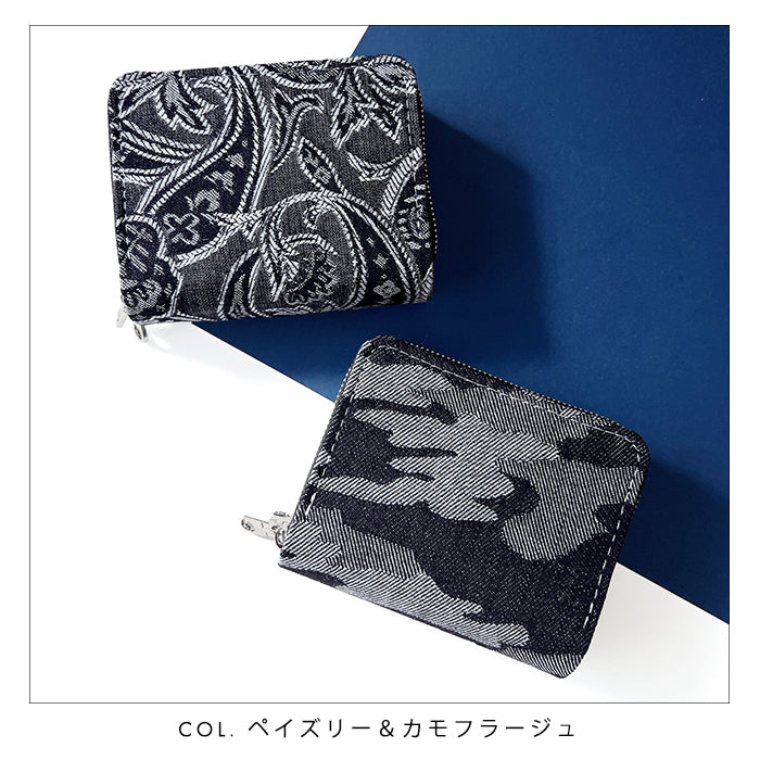 【財布の百貨店公式】 蛇腹 ダブルファスナー 財布 ジャガード デニム 蛇腹式 カード収納 小銭入れ ラウンドファスナー ラウンド財布 Wファスナー デニム生地 【安心の返品保証付き】