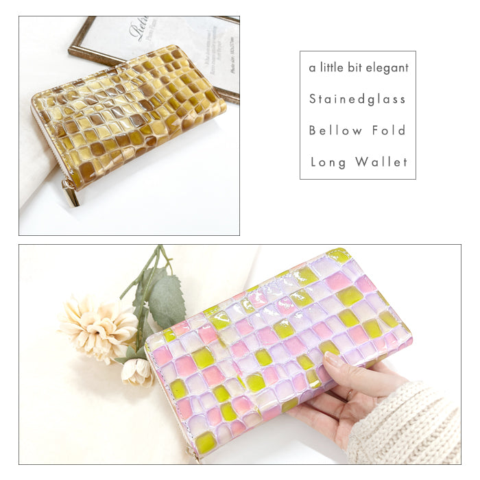 【財布の百貨店公式】 本革 ちょっと上品なステンドグラス 蛇腹 カードポケット付き 財布 長財布 レディース ラウンド型ファスナー【安心の返品保証付き】