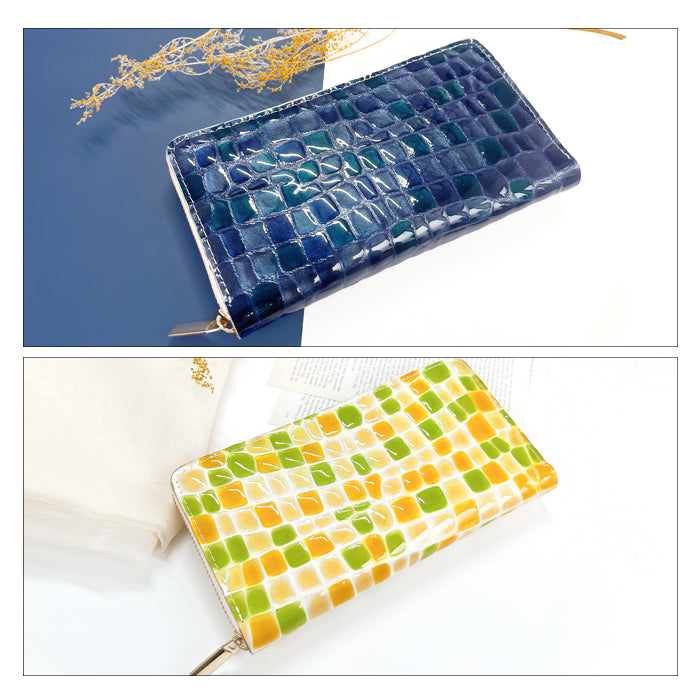 【財布の百貨店公式】 本革 ちょっと上品なステンドグラス 蛇腹 カードポケット付き 財布 長財布 レディース ラウンド型ファスナー【安心の返品保証付き】