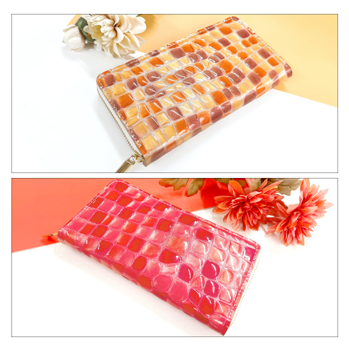 【財布の百貨店公式】 本革 ちょっと上品なステンドグラス 蛇腹 カードポケット付き 財布 長財布 レディース ラウンド型ファスナー【安心の返品保証付き】