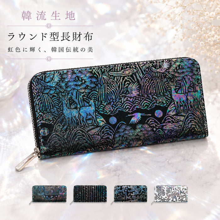 【財布の百貨店公式】 長財布 韓流生地 ラウンド型長財布 財布 カード収納 韓流 韓国デザイン 虹色ホイル 伝統柄【安心の返品保証付き】