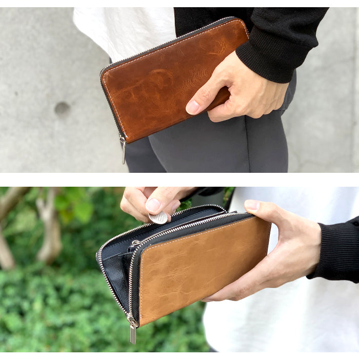 【財布の百貨店公式】 長財布 ジェントルマン 財布 本革 ラウンド型ファスナー ヌメ革 牛革 メンズ |艶のある上品な牛ヌメ革を使用した長財布 【安心の返品保証付き】