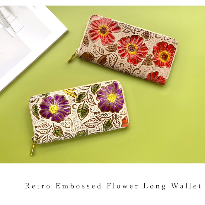 【財布の百貨店公式】 長財布 レトロな花型押し 本革 レディース 財布 ラウンド型ファスナー 花柄 | エレガントな花型押しデザインで、大人のおしゃれを演出 【安心の返品保証付き】