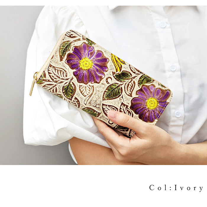 【財布の百貨店公式】 長財布 レトロな花型押し 本革 レディース 財布 ラウンド型ファスナー 花柄 | エレガントな花型押しデザインで、大人のおしゃれを演出 【安心の返品保証付き】