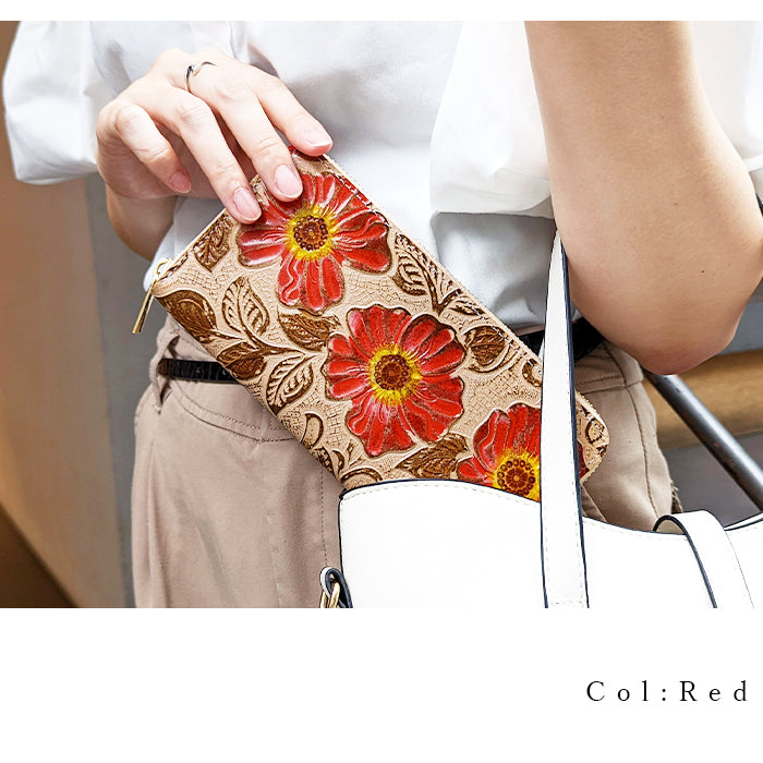 【財布の百貨店公式】 長財布 レトロな花型押し 本革 レディース 財布 ラウンド型ファスナー 花柄 | エレガントな花型押しデザインで、大人のおしゃれを演出 【安心の返品保証付き】