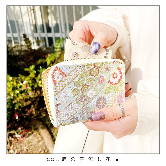 【財布の百貨店公式】 西陣織 極 ミニ財布 財布 金襴 ミニウォレット コンパクト ラウンドファスナー サイフ さいふ ウォレット 小さい財布 カード収納 ラウンド財布 ミニサイフ 和風 和柄 和 豪華 織物 鳳凰 桜 櫻 宝尽くし 華文 花文 流水 ハンドメイド 【安心の返品保証付き】