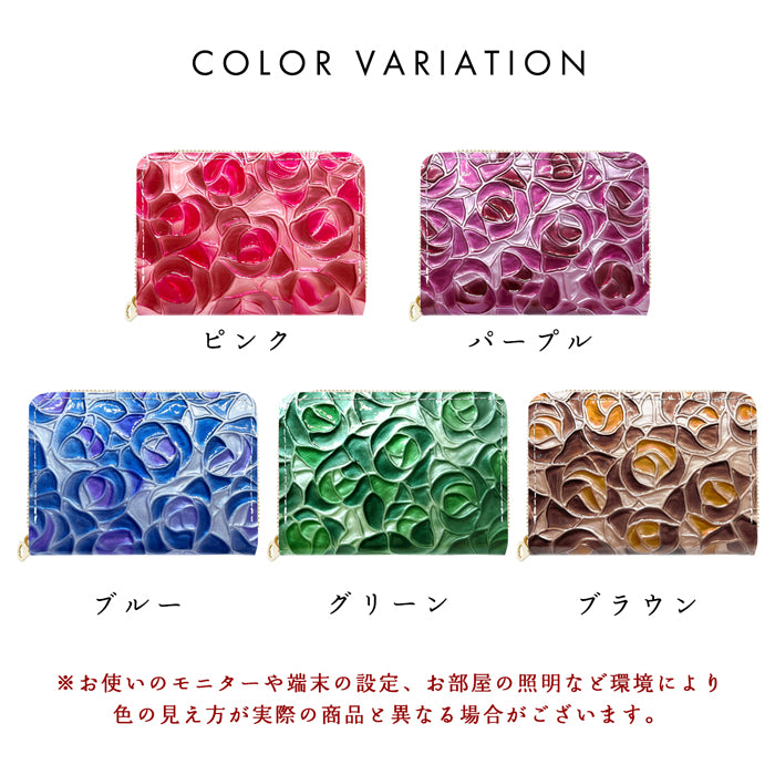 【財布の百貨店公式】 本革 ステンドグラス ローズ ミニ財布 ミニウォレット レディース 小さい財布 財布 ラウンドファスナー コンパクト ウォレット カード収納 薔薇 【安心の返品保証付き】