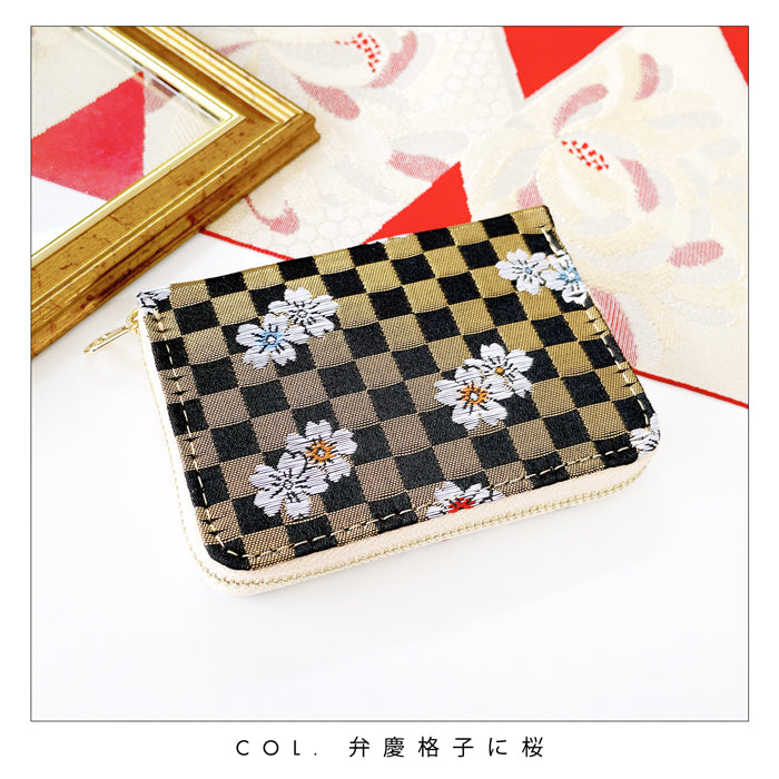 【財布の百貨店公式】 西陣織 宵 ミニ財布 財布 金襴 ミニウォレット コンパクト ラウンドファスナー サイフ さいふ ウォレット 小さい財布 カード収納 ラウンド財布 ミニサイフ 和風 和柄 和 豪華 織物 桜 波割付 変わりのし文 ハンドメイド 【安心の返品保証付き】