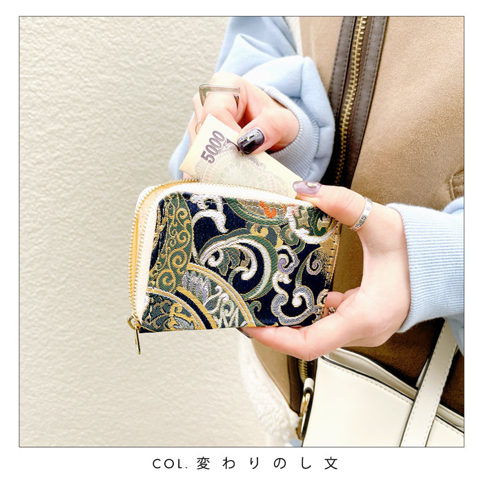 【財布の百貨店公式】 西陣織 宵 ミニ財布 財布 金襴 ミニウォレット コンパクト ラウンドファスナー サイフ さいふ ウォレット 小さい財布 カード収納 ラウンド財布 ミニサイフ 和風 和柄 和 豪華 織物 桜 波割付 変わりのし文 ハンドメイド 【安心の返品保証付き】