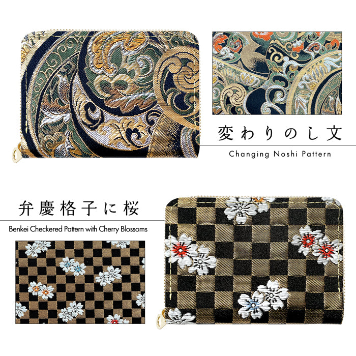 【財布の百貨店公式】 西陣織 宵 ミニ財布 財布 金襴 ミニウォレット コンパクト ラウンドファスナー サイフ さいふ ウォレット 小さい財布 カード収納 ラウンド財布 ミニサイフ 和風 和柄 和 豪華 織物 桜 波割付 変わりのし文 ハンドメイド 【安心の返品保証付き】
