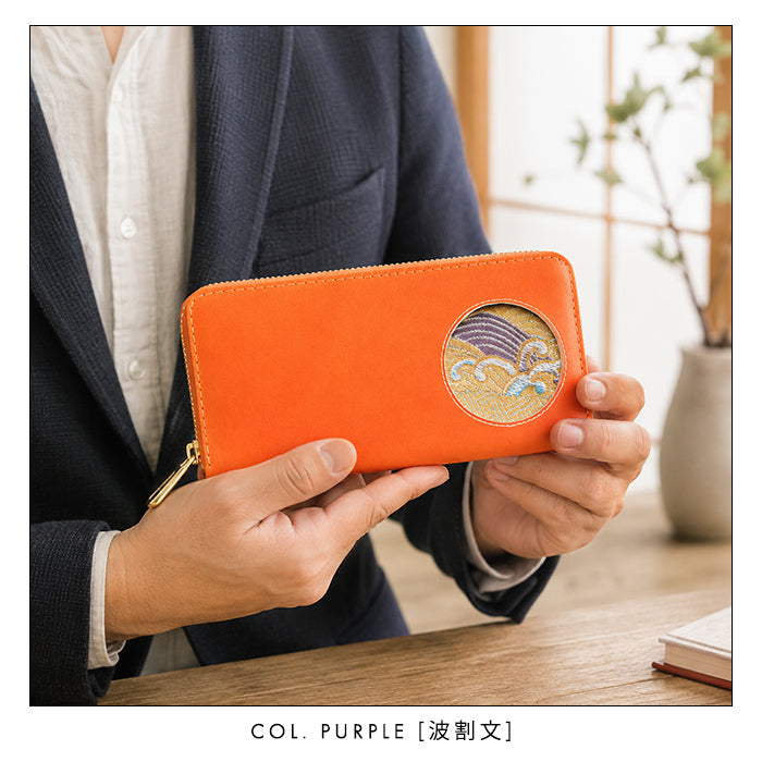 【財布の百貨店公式】 西陣織 本革 ネオン 波割付菊花文 「満月」ラウンド型長財布 本革 財布 長財布 カード収納 蛍光カラー【安心の返品保証付き】