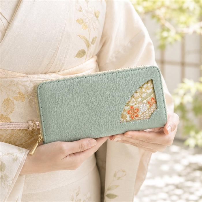 【財布の百貨店公式】 西陣織 本革 ニュアンス 鹿の子流し花文 「扇」 ラウンド型長財布 財布 長財布 カード収納【安心の返品保証付き】