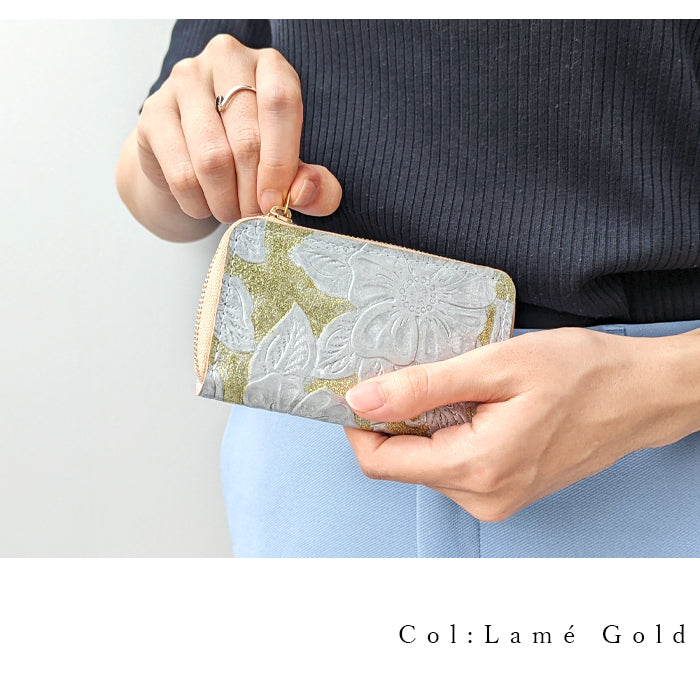 【財布の百貨店公式】 本革 コインケース ラメフラワー 型押し レディース コンパクト ラウンドファスナー 小銭入れ 【安心の返品保証付き】