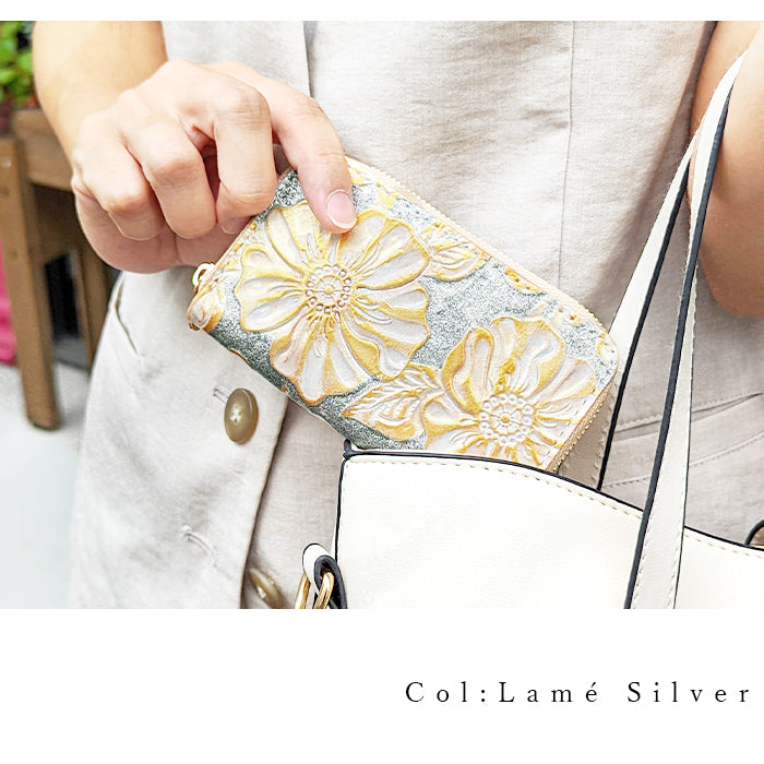 【財布の百貨店公式】 本革 コインケース ラメフラワー 型押し レディース コンパクト ラウンドファスナー 小銭入れ 【安心の返品保証付き】