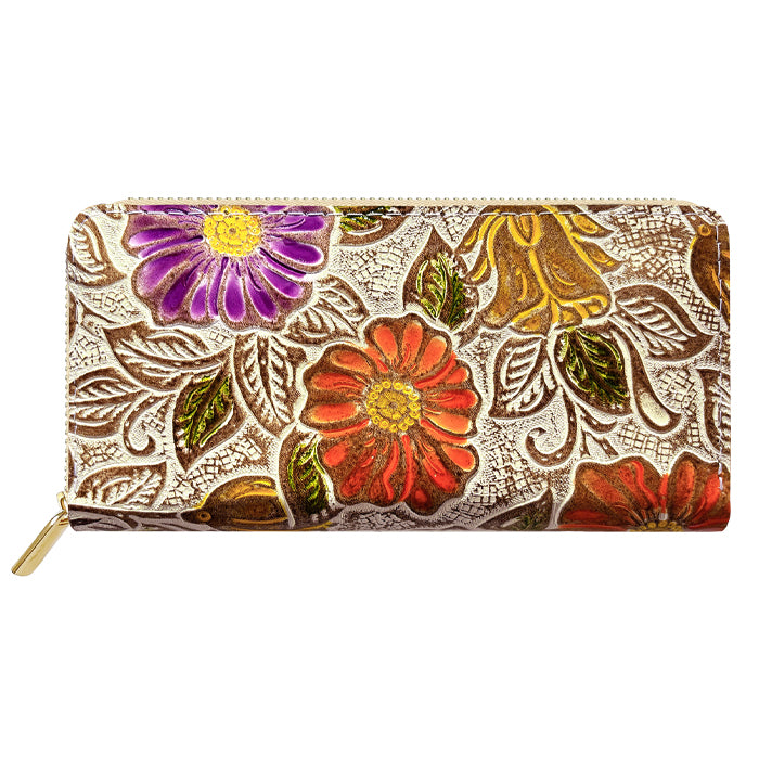 【財布の百貨店公式】 本革 レトロな花型押し 蛇腹 カードポケット付き 財布 長財布 ラウンド型ファスナー レディース 大容量 【安心の返品保証付き】