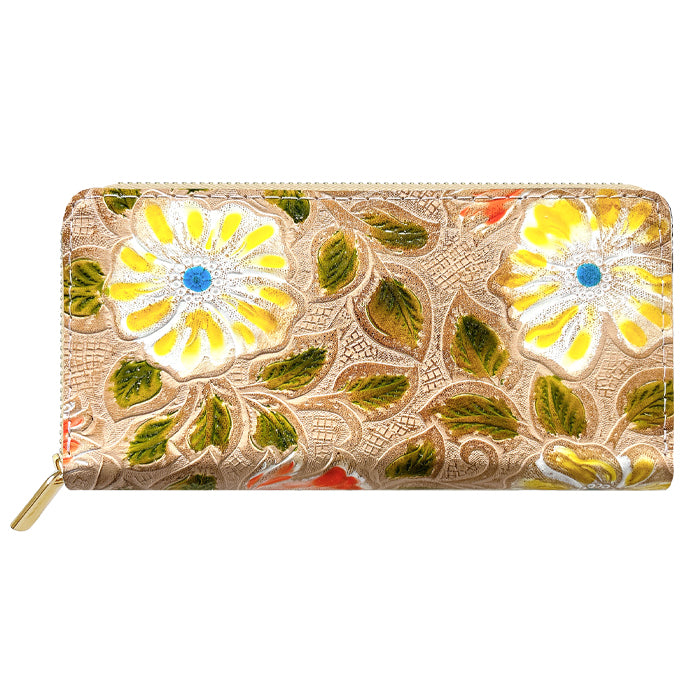 【財布の百貨店公式】 本革 レトロな花型押し 蛇腹 カードポケット付き 財布 長財布 ラウンド型ファスナー レディース 大容量 【安心の返品保証付き】