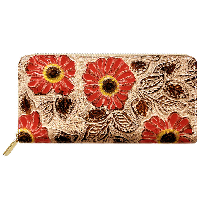 【財布の百貨店公式】 本革 レトロな花型押し 蛇腹 カードポケット付き 財布 長財布 ラウンド型ファスナー レディース 大容量 【安心の返品保証付き】