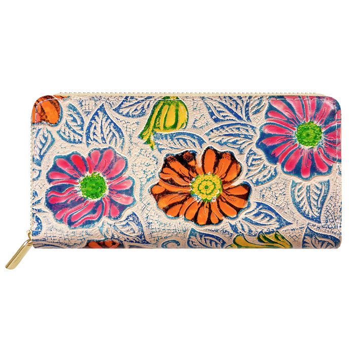 【財布の百貨店公式】 本革 レトロな花型押し 蛇腹 カードポケット付き 財布 長財布 ラウンド型ファスナー レディース 大容量 【安心の返品保証付き】