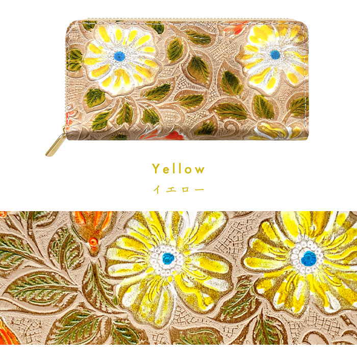 【財布の百貨店公式】 本革 レトロな花型押し 蛇腹 カードポケット付き 財布 長財布 ラウンド型ファスナー レディース 大容量 【安心の返品保証付き】