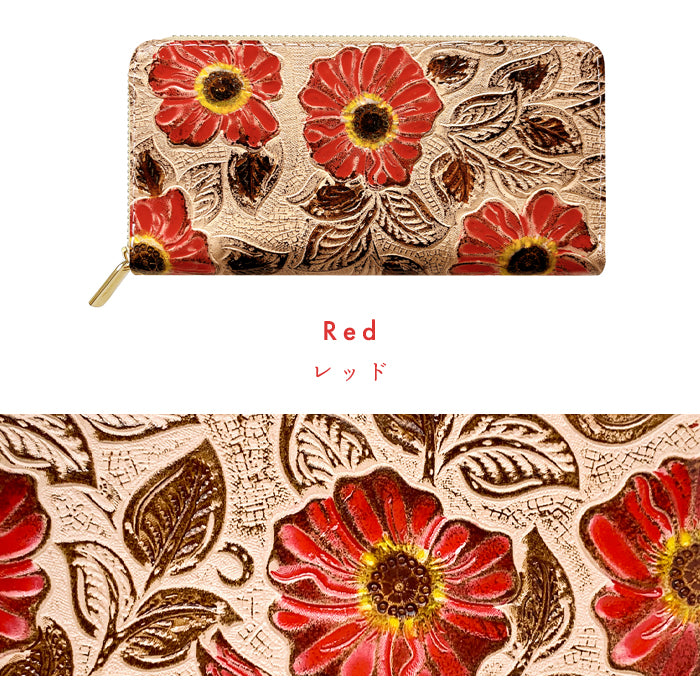 【財布の百貨店公式】 本革 レトロな花型押し 蛇腹 カードポケット付き 財布 長財布 ラウンド型ファスナー レディース 大容量 【安心の返品保証付き】
