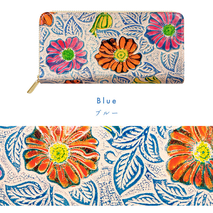【財布の百貨店公式】 本革 レトロな花型押し 蛇腹 カードポケット付き 財布 長財布 ラウンド型ファスナー レディース 大容量 【安心の返品保証付き】