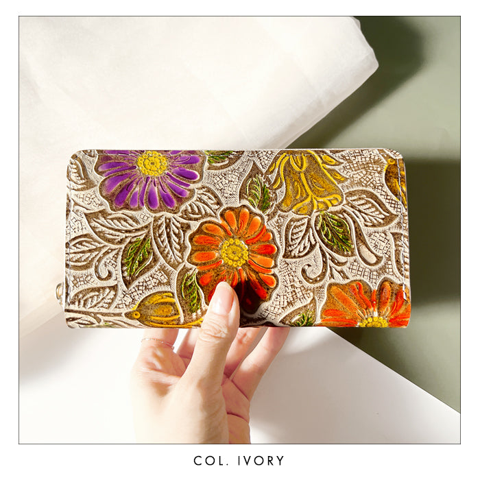 【財布の百貨店公式】 本革 レトロな花型押し 蛇腹 カードポケット付き 財布 長財布 ラウンド型ファスナー レディース 大容量 【安心の返品保証付き】