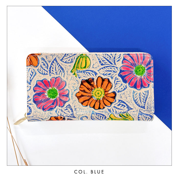 【財布の百貨店公式】 本革 レトロな花型押し 蛇腹 カードポケット付き 財布 長財布 ラウンド型ファスナー レディース 大容量 【安心の返品保証付き】