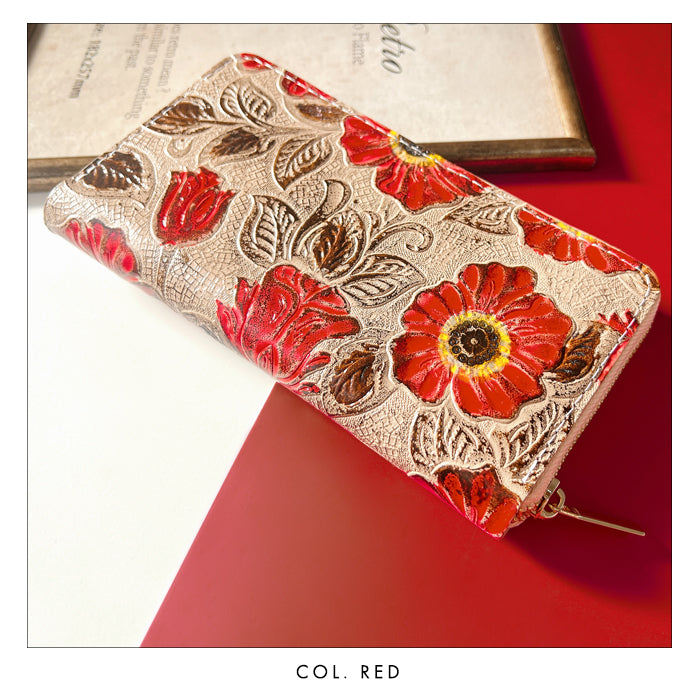 【財布の百貨店公式】 本革 レトロな花型押し 蛇腹 カードポケット付き 財布 長財布 ラウンド型ファスナー レディース 大容量 【安心の返品保証付き】