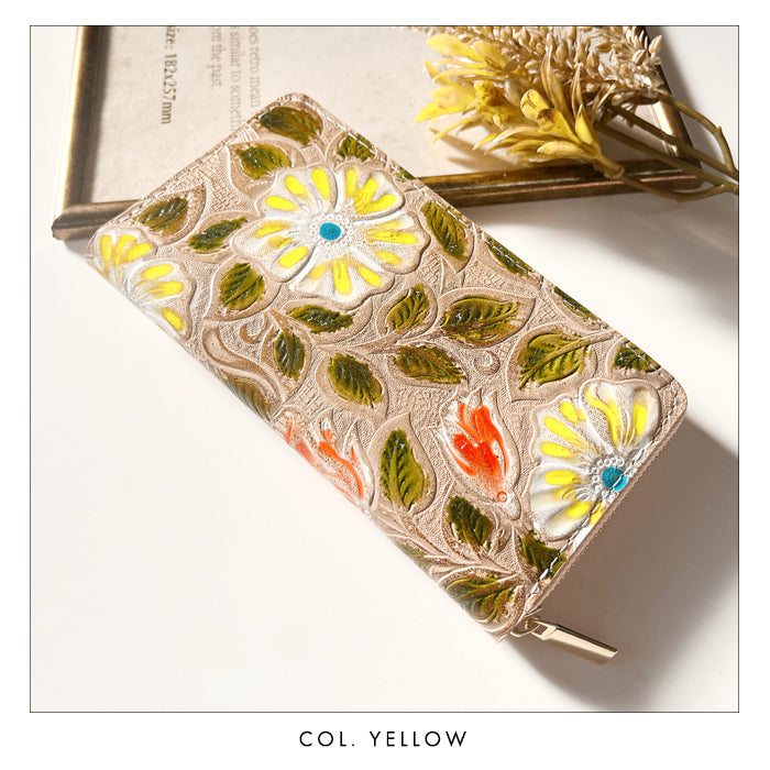 【財布の百貨店公式】 本革 レトロな花型押し 蛇腹 カードポケット付き 財布 長財布 ラウンド型ファスナー レディース 大容量 【安心の返品保証付き】