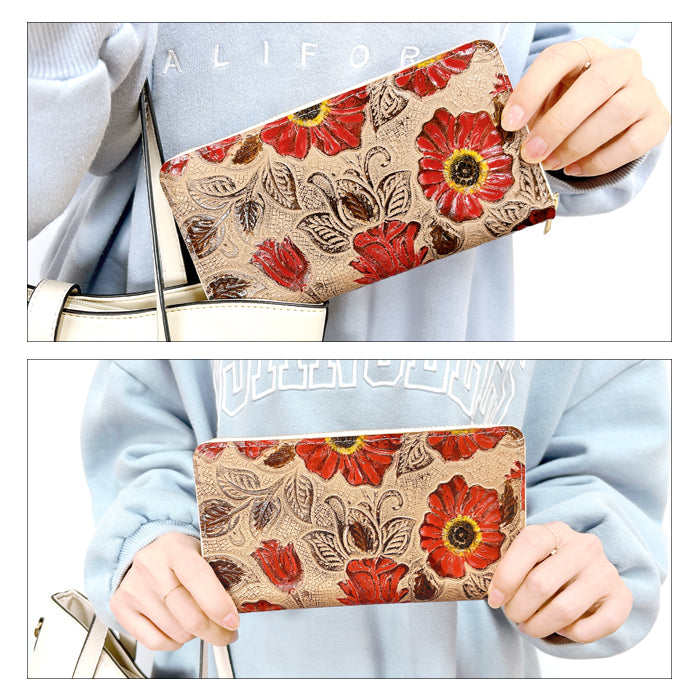 【財布の百貨店公式】 本革 レトロな花型押し 蛇腹 カードポケット付き 財布 長財布 ラウンド型ファスナー レディース 大容量 【安心の返品保証付き】