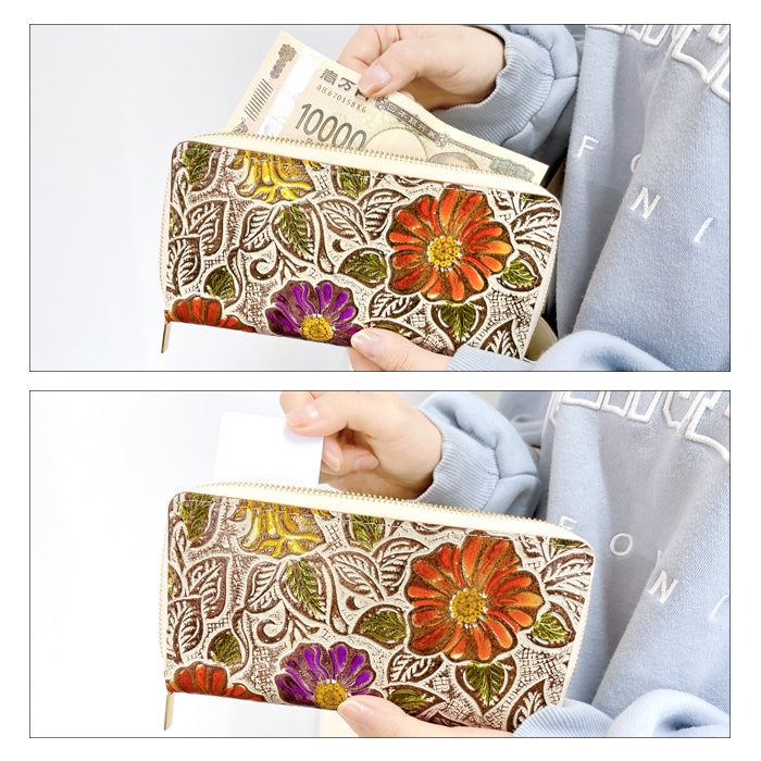 【財布の百貨店公式】 本革 レトロな花型押し 蛇腹 カードポケット付き 財布 長財布 ラウンド型ファスナー レディース 大容量 【安心の返品保証付き】