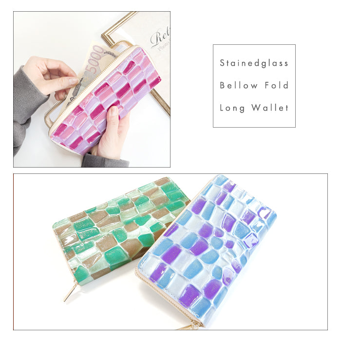 【財布の百貨店公式】 本革 ステンドグラス 蛇腹 カードポケット付き 財布 長財布 ラウンド型ファスナー レディース 大容量 【安心の返品保証付き】