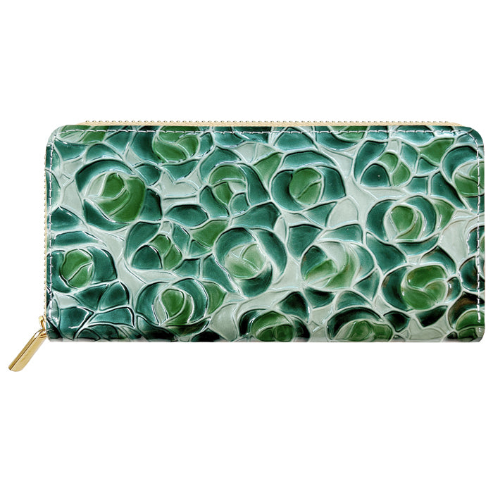 【財布の百貨店公式】 本革 ステンドグラスローズ 蛇腹 カードポケット付き 財布 長財布 レディース ラウンド型ファスナー エナメル 型押し【安心の返品保証付き】