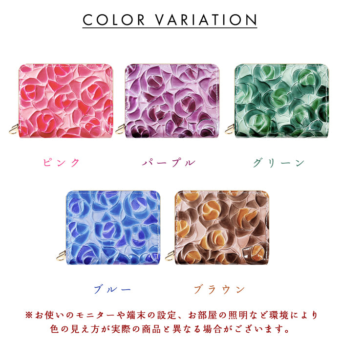 【財布の百貨店公式】 本革 ステンドグラスローズ 蛇腹 ダブルファスナー 財布 レディース カード収納 ミニ財布 小さい財布 使いやすい 牛革 革財布 ラウンド型財布 薔薇 エナメル 型押し 【安心の返品保証付き】