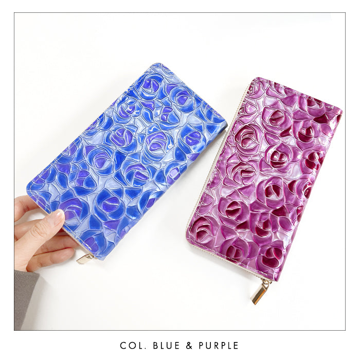 【財布の百貨店公式】 本革 ステンドグラスローズ 蛇腹 カードポケット付き 財布 長財布 レディース ラウンド型ファスナー エナメル 型押し【安心の返品保証付き】