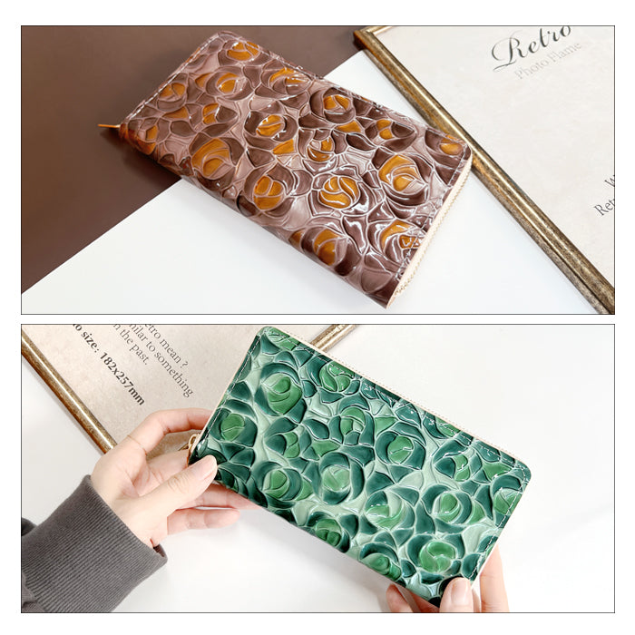 【財布の百貨店公式】 本革 ステンドグラスローズ 蛇腹 カードポケット付き 財布 長財布 レディース ラウンド型ファスナー エナメル 型押し【安心の返品保証付き】