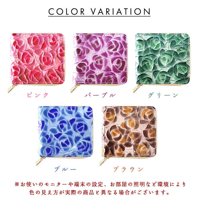 【財布の百貨店公式】 本革 ラウンド型 二つ折り財布 レディース ステンドグラスローズ ラウンドファスナー 財布 小銭入れ 薄型 コインケース付き 薔薇 エナメル
