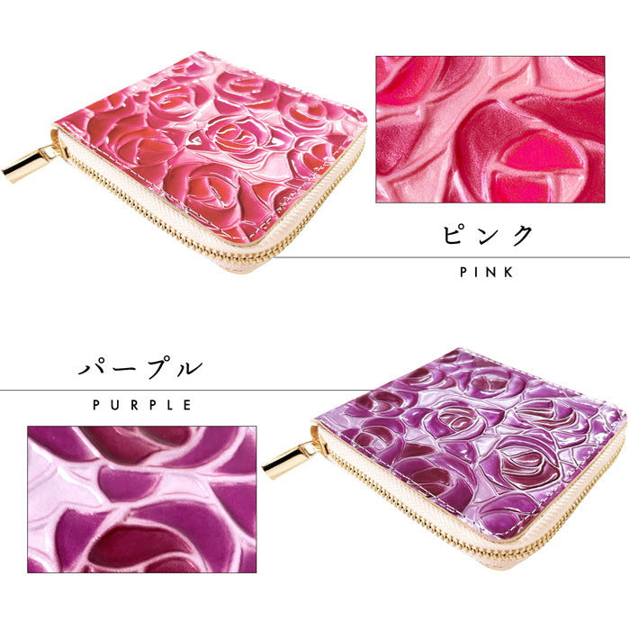 【財布の百貨店公式】 本革 ラウンド型 二つ折り財布 レディース ステンドグラスローズ ラウンドファスナー 財布 小銭入れ 薄型 コインケース付き 薔薇 エナメル