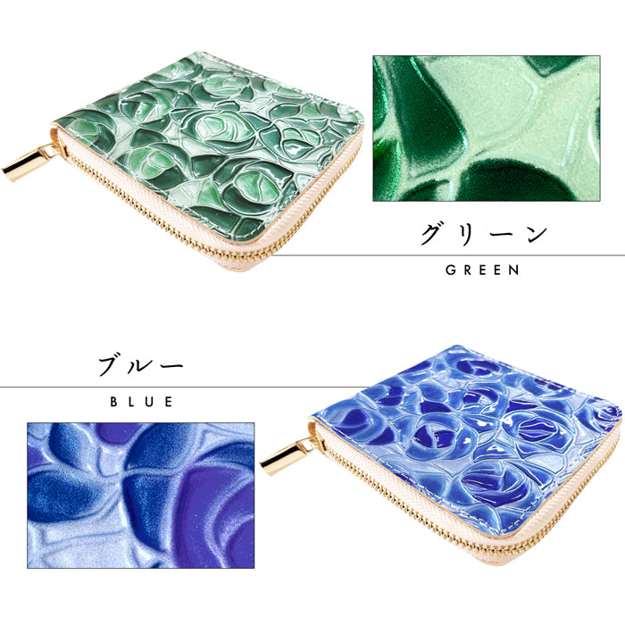 【財布の百貨店公式】 本革 ラウンド型 二つ折り財布 レディース ステンドグラスローズ ラウンドファスナー 財布 小銭入れ 薄型 コインケース付き 薔薇 エナメル