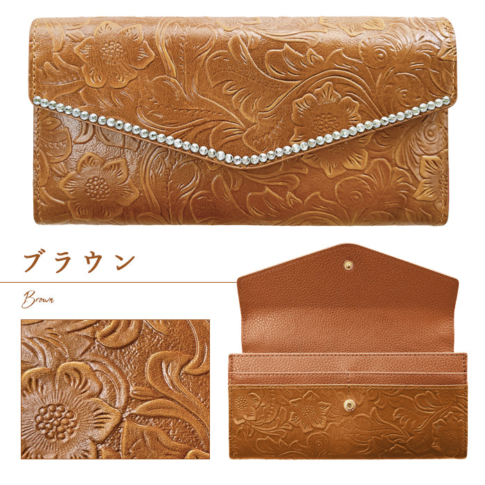 【財布の百貨店公式】 本革 ラインストーン フラップ付き長財布 花型押し レディース 小銭入れ 三つ折り長財布 カード収納 コインケース サイフ さいふ ウォレット 革 レザー 花柄【安心の返品保証付き】